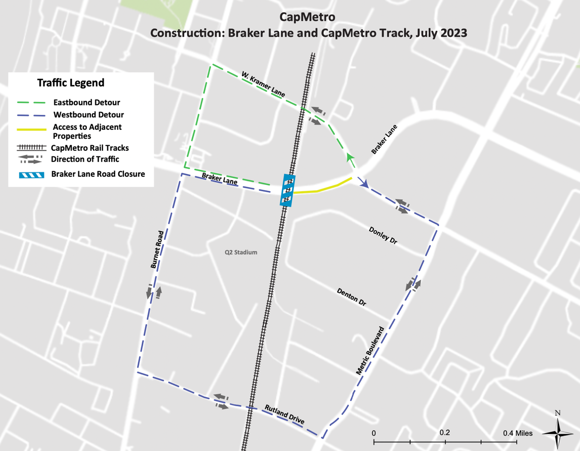 Map showing construction on Braker Lane for July 2023