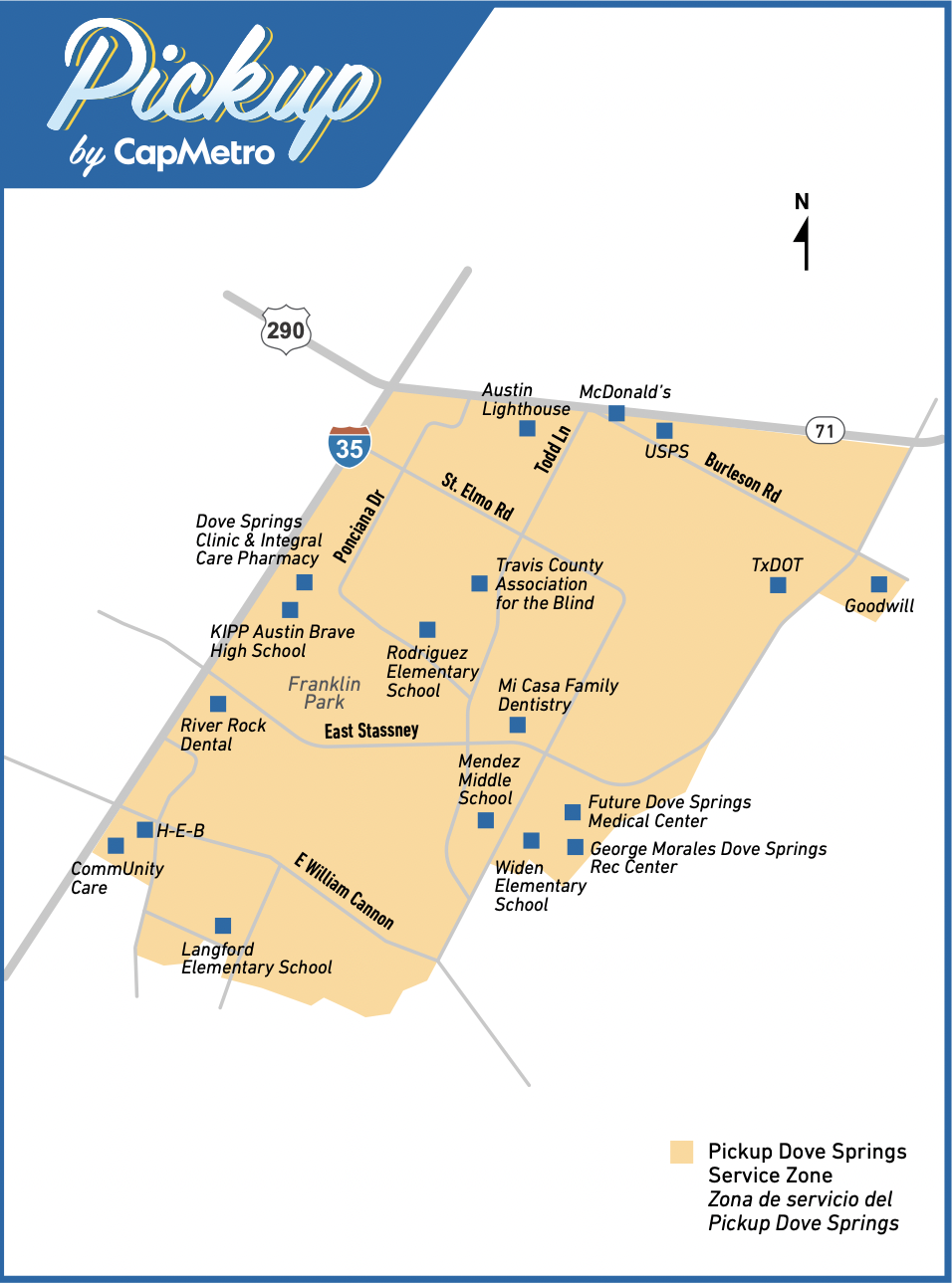 Image of Dove Springs Pickup map with key destinations.