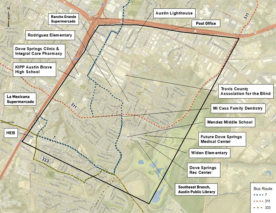 Map of proposed Dove Springs Pickup Zone with key locations highlighted.
