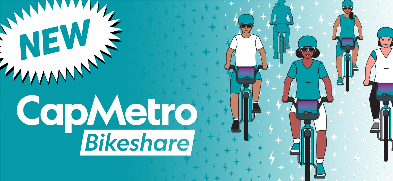Graphic of people riding bikes for the new CapMetro Bikeshare