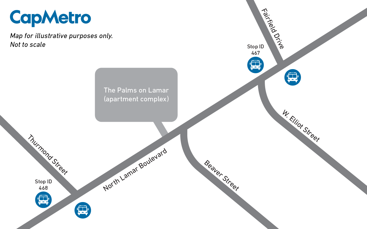 Map of route along North Lamar with two bus stops called out and an apartment complex labeled in between