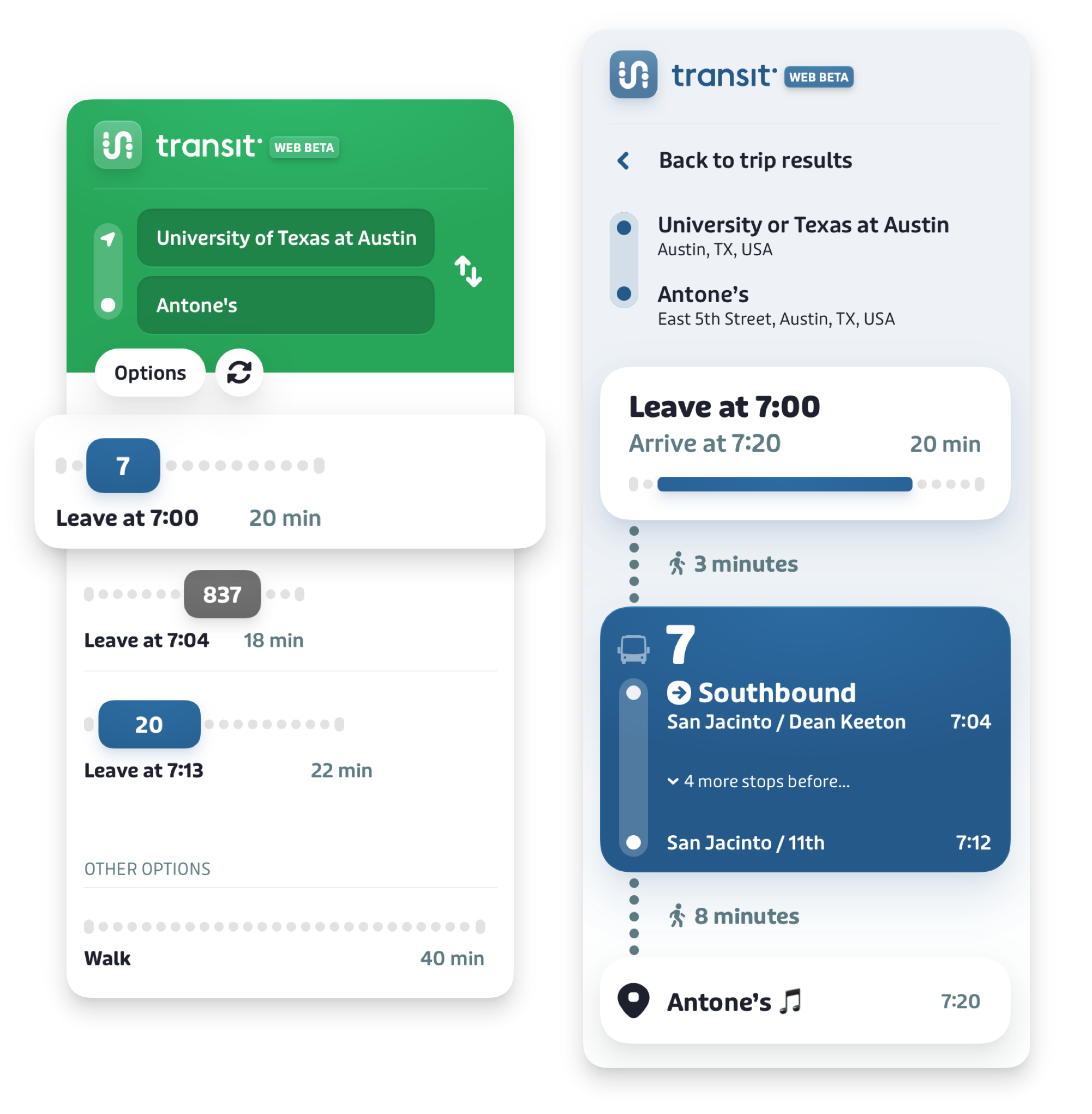 Transit app trip options Transit app web trip planner shows different trip options