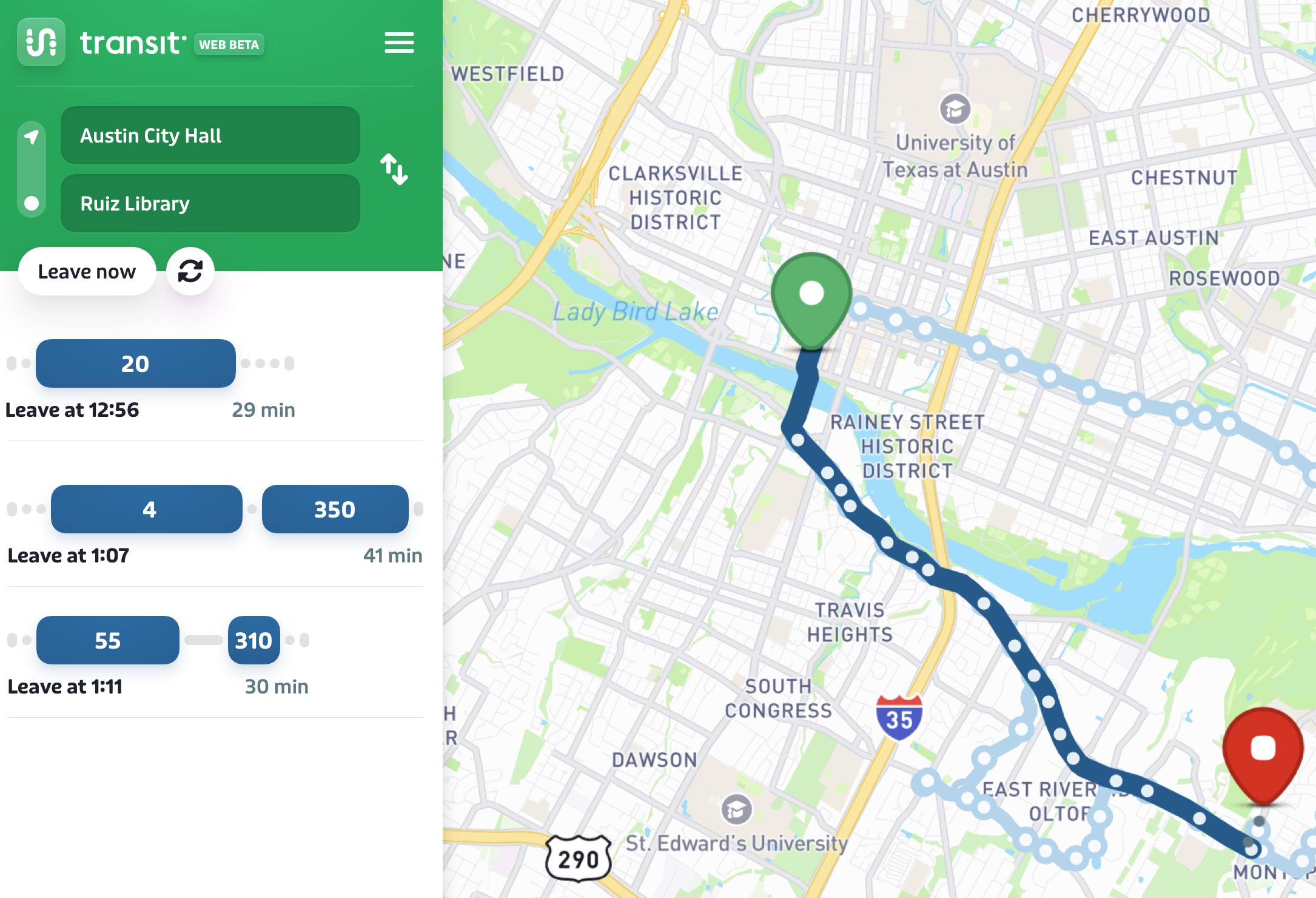 Trip Results Trip Results in the Transit web trip planner