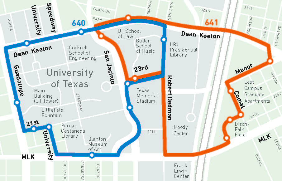 Map of current UT Shuttle Routes 640 and 641