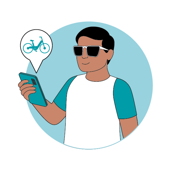 illustration of man holding phone to request bike